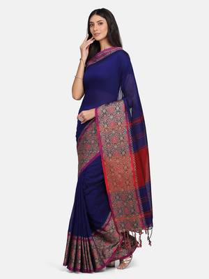Blue plain pure linen saree with blouse 2