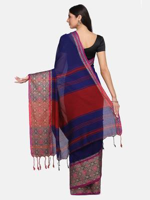 Blue plain pure linen saree with blouse 3