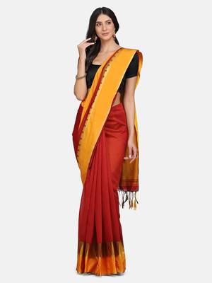 Red plain silk cotton saree with blouse 1