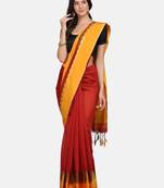 Red plain silk cotton saree with blouse