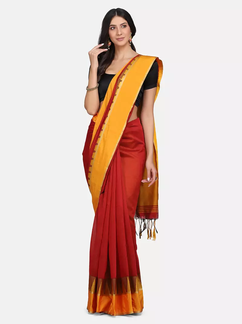 Red plain silk cotton saree with blouse