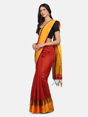 Red plain silk cotton saree with blouse 2