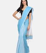 Blue plain silk cotton saree with blouse