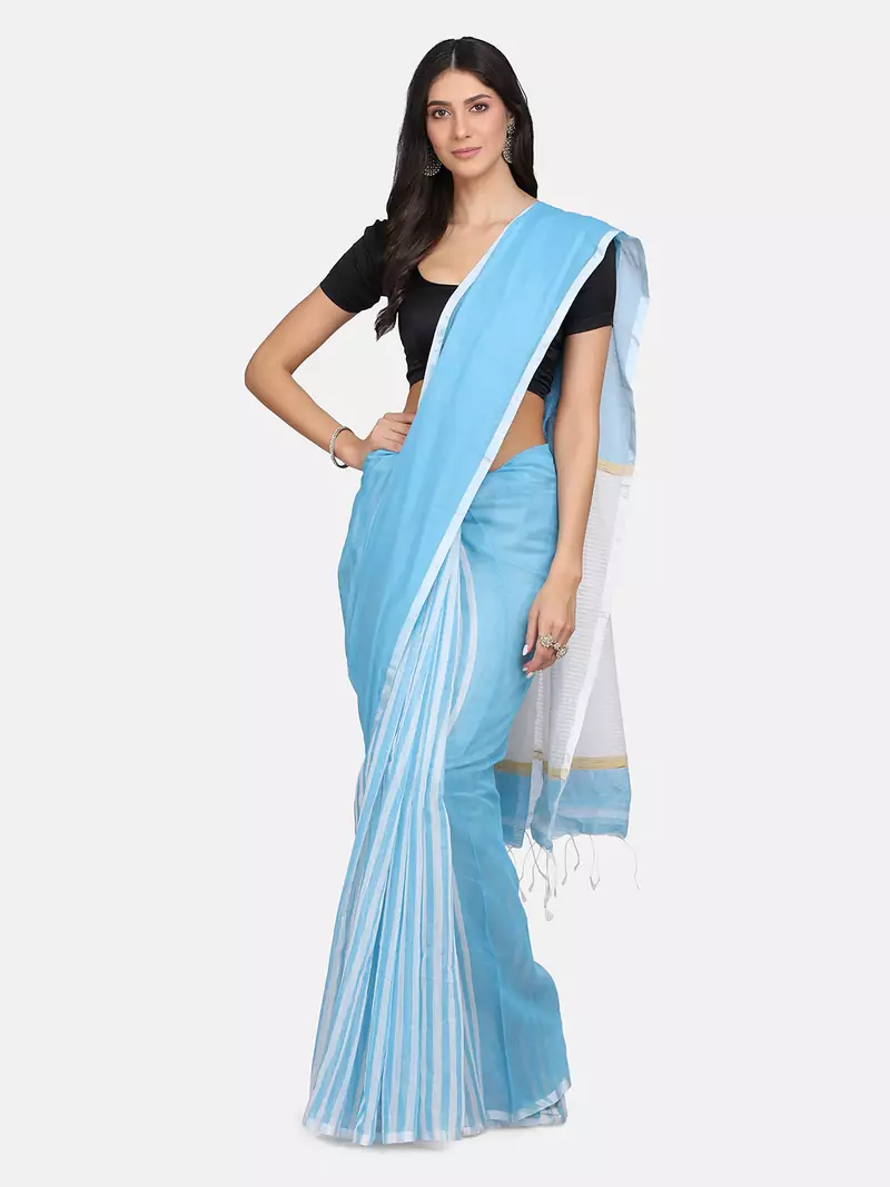 Blue plain silk cotton saree with blouse