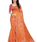 Orange printed organza saree with blouse