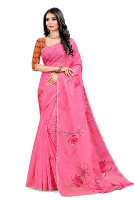 Pink printed organza saree with blouse 1