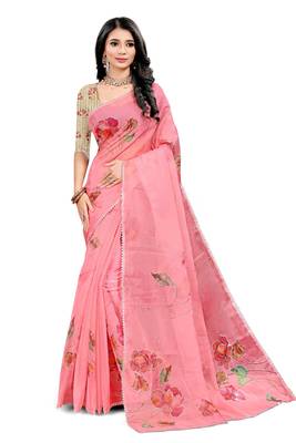 Pink printed organza saree with blouse 1