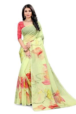 Light green printed organza saree with blouse 1