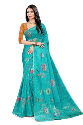 Turquoise printed organza saree with blouse 1