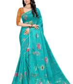 Turquoise printed organza saree with blouse