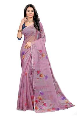 Lavender printed organza saree with blouse 1