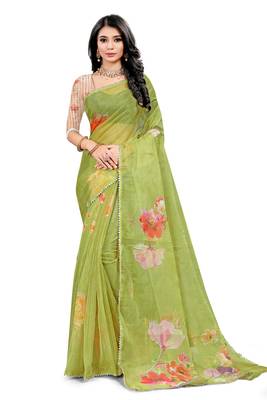 Mehendi printed organza saree with blouse 1