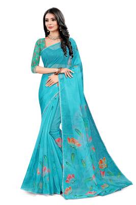 Turquoise printed organza saree with blouse 1