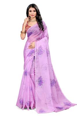 Light purple printed organza saree with blouse 1