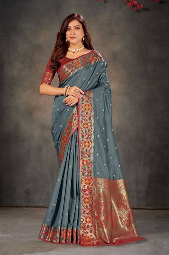 Grey woven banarasi silk saree with blouse