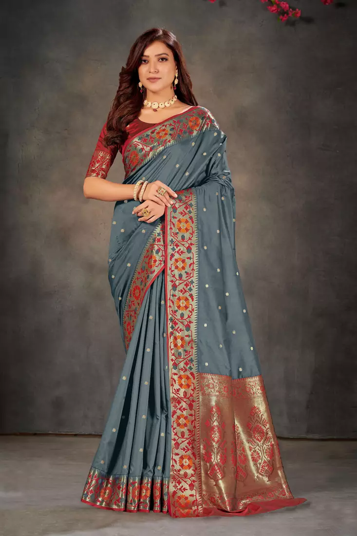 Grey woven banarasi silk saree with blouse
