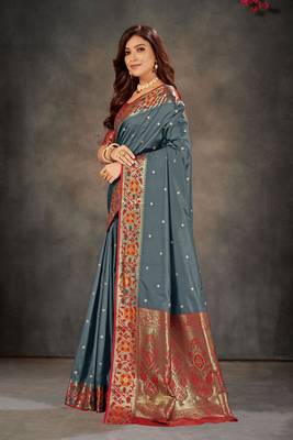Grey woven banarasi silk saree with blouse 2