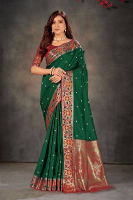 Green woven banarasi silk saree with blouse 1