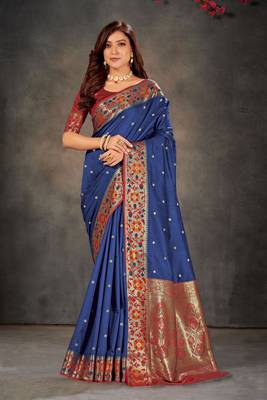 Dark blue woven banarasi silk saree with blouse 1