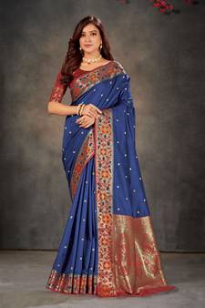 Dark blue woven banarasi silk saree with blouse