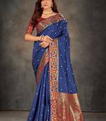 Dark blue woven banarasi silk saree with blouse
