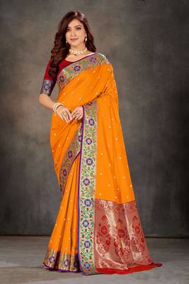 Mustard woven banarasi silk saree with blouse 1