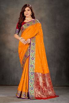 Mustard woven banarasi silk saree with blouse