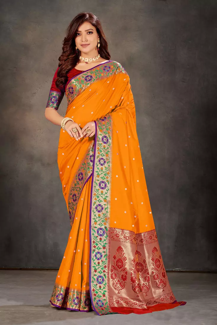 Mustard woven banarasi silk saree with blouse