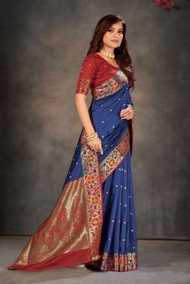 Dark blue woven banarasi silk saree with blouse 3