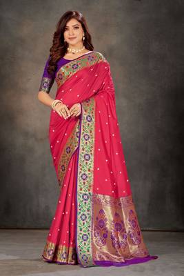 Pink woven banarasi silk saree with blouse 1