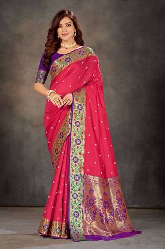 Pink woven banarasi silk saree with blouse