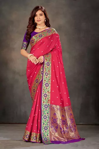 Pink woven banarasi silk saree with blouse
