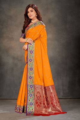 Mustard woven banarasi silk saree with blouse 2
