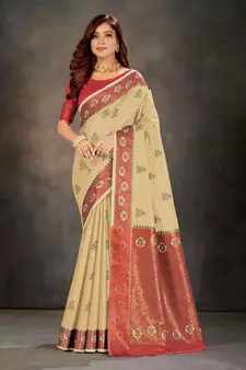 Beige woven cotton silk saree with blouse