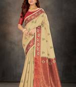 Beige woven cotton silk saree with blouse