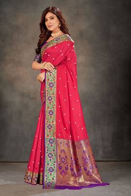 Pink woven banarasi silk saree with blouse 2