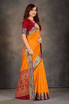 Mustard woven banarasi silk saree with blouse 3