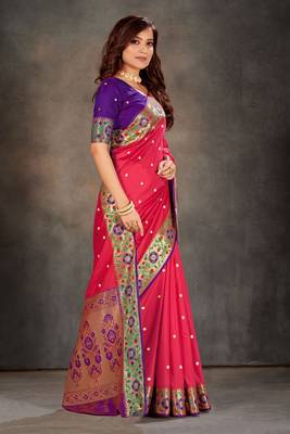 Pink woven banarasi silk saree with blouse 3