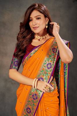 Mustard woven banarasi silk saree with blouse 4