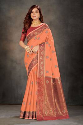 Peach woven cotton silk saree with blouse 1