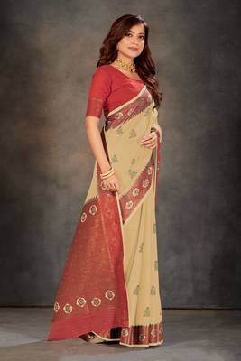 Beige woven cotton silk saree with blouse 3