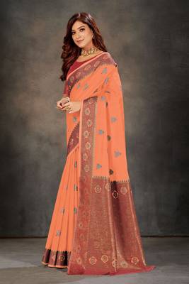 Peach woven cotton silk saree with blouse 2