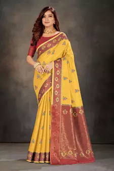 Yellow woven cotton silk saree with blouse