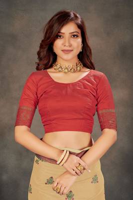 Beige woven cotton silk saree with blouse 4