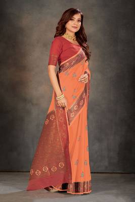 Peach woven cotton silk saree with blouse 3