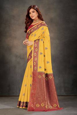 Yellow woven cotton silk saree with blouse 2