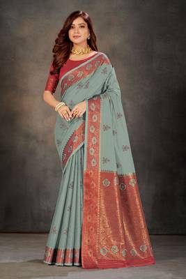 Grey woven cotton silk saree with blouse 1