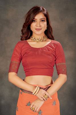 Peach woven cotton silk saree with blouse 4