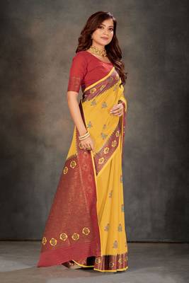 Yellow woven cotton silk saree with blouse 3