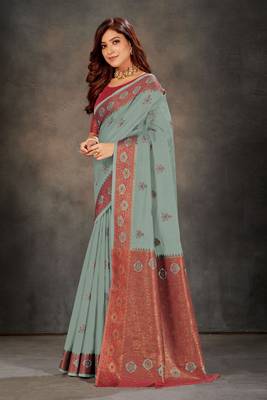 Grey woven cotton silk saree with blouse 2